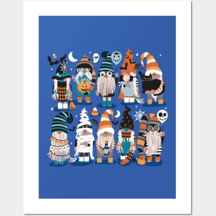 Boo-tiful gnomes // cobalt blue background fun little creatures black grey pastel blue and orange dressed for halloween Posters and Art